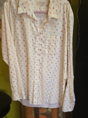 Men's Cream Button-Down Shirt with Multicolor Dot Pattern